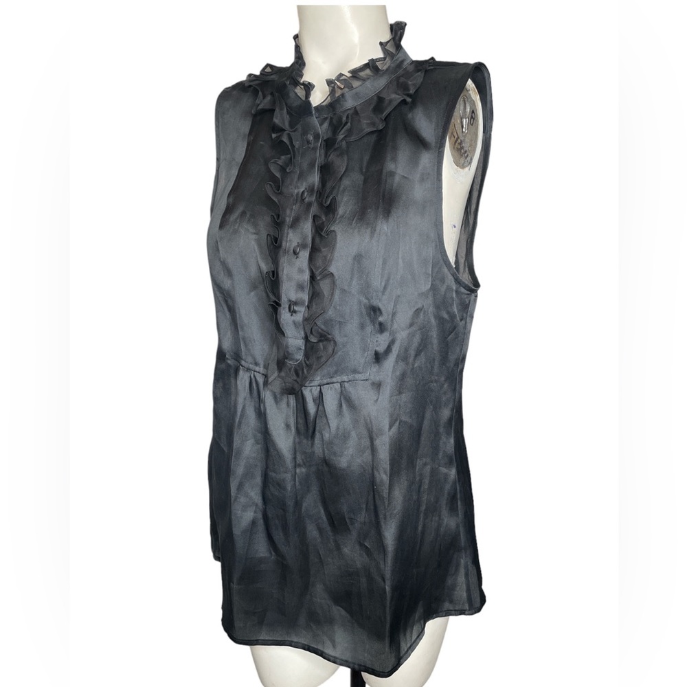 Alice and Olivia Black Silk sleeveless Ruffled Button  down blouse sz medium